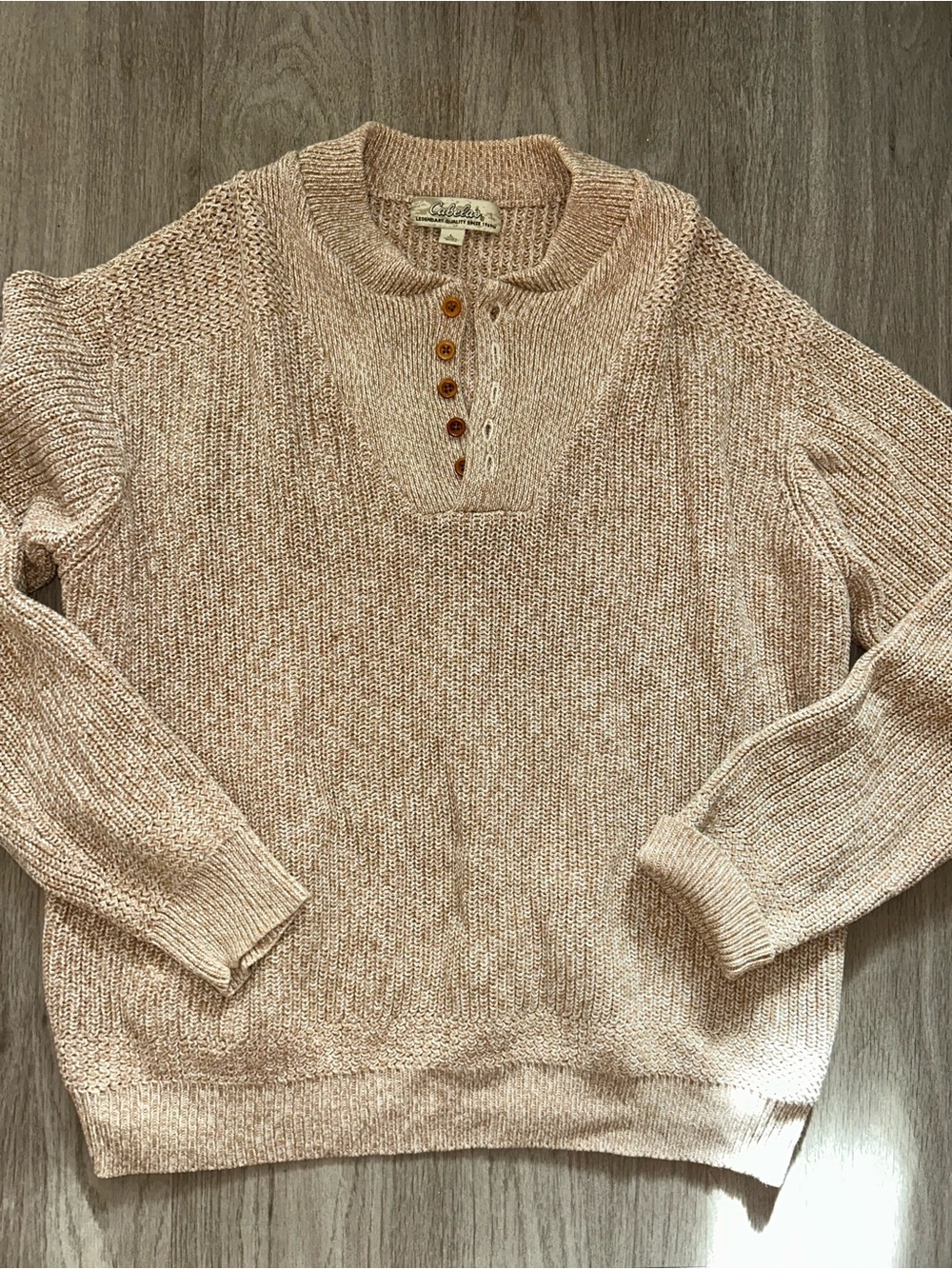 Vintage Cabelas Chunky oversized Knit cotton Sweater large Button Neck Beige new